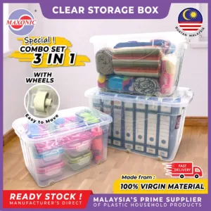 MAXONIC COMBO SET 3 IN 1 MULTIPURPOSE STORAGE BOX | CLEAR PLASTIC CONTAINER BOX WITH WHEELS |KOTAK SIMPANAN PLASTIK RODA