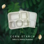 [50PCS/200PCS] THREECO Eco-Friendly CORN STRACH Biodegradable Disposable Lunch Plate Buffet Picnic Camping Pinggan Kenduri 5 Compartment