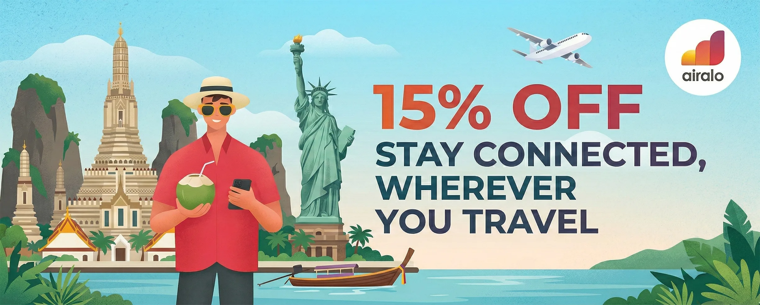 Comic style illustration of a tourist in Thailand holding a coconut and phone with Statue of Liberty in background, featuring airalo 15% off travel eSIM promotion.